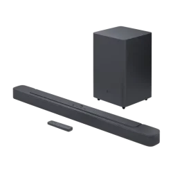 JBL Soundbar 2.1 Deep Bass MK2 with wireless subwoofer in black, featuring Dolby Digital sound, 300W output, Bluetooth, and HDMI ARC connectivity.