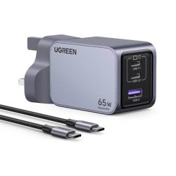 UGREEN Nexode Pro 65W 3-Port GaN Fast Charger UK Grey with included 1.5M 100W USB-C cable and interchangeable UK/US/EU plug heads.