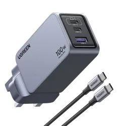 UGREEN Nexode Pro 100W 3-Port GaN Fast Charger with 1.5M USB-C Cable – Grey UK Plug – Available at Dove Computers