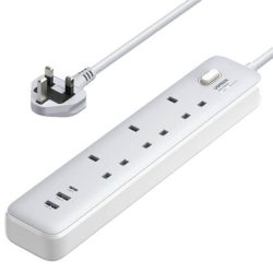 UGREEN Surge Protector Power Strip (6 AC Outlets + 65W USB, UK Plug) in white with 2m cable, ideal for efficient and safe charging at home or office.