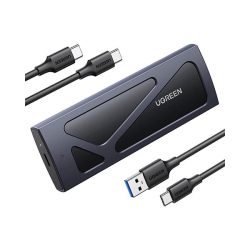 UGREEN CM578 M.2 NVMe SSD Enclosure in black aluminum with dual USB cables for fast external storage.