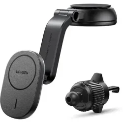 UGREEN Magnetic Car Wireless Charger in Black mounted on a car vent with an iPhone attached, showing fast wireless charging in action.