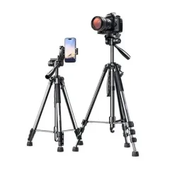 UGREEN LP661 Professional Tripod with camera mounted and phone holder extended on a white background
