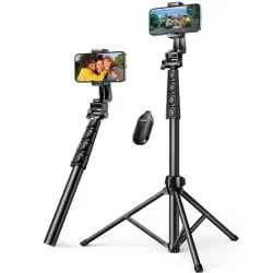 UGREEN Selfie Stick Tripod with Bluetooth Remote standing upright with smartphone attached