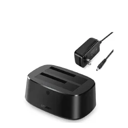 UGREEN USB 3.0 Dual-Bay SATA Hard Drive Duplicator – black duplicator with two open SATA bays, LED indicators, and power adapter shown.