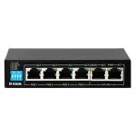 D-Link DGS-F1006P 6-port gigabit PoE switch with 4 long-reach PoE ports and 2 uplink ports, fanless metal housing—available at Dove Computers.