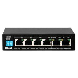 D-Link DGS-F1006P 6-port gigabit PoE switch with 4 long-reach PoE ports and 2 uplink ports, fanless metal housing—available at Dove Computers.