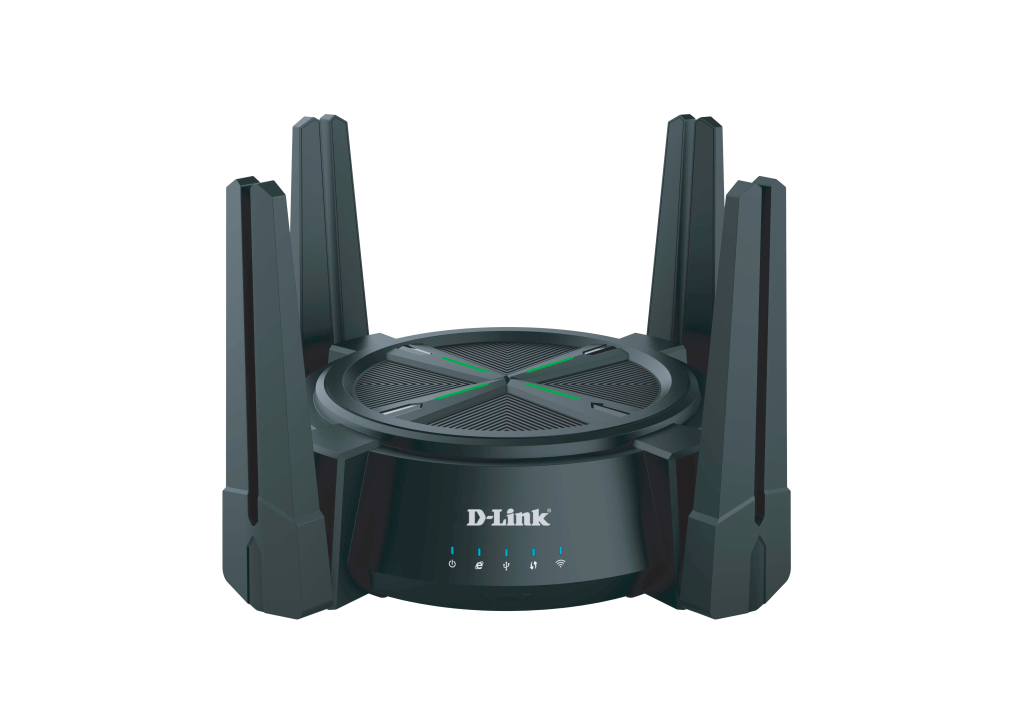 D-Link AX6000 Wi-Fi 6 dual-band router with 4 external antennas, 2.5G WAN port, and quad-core performance—available at Dove Computers.