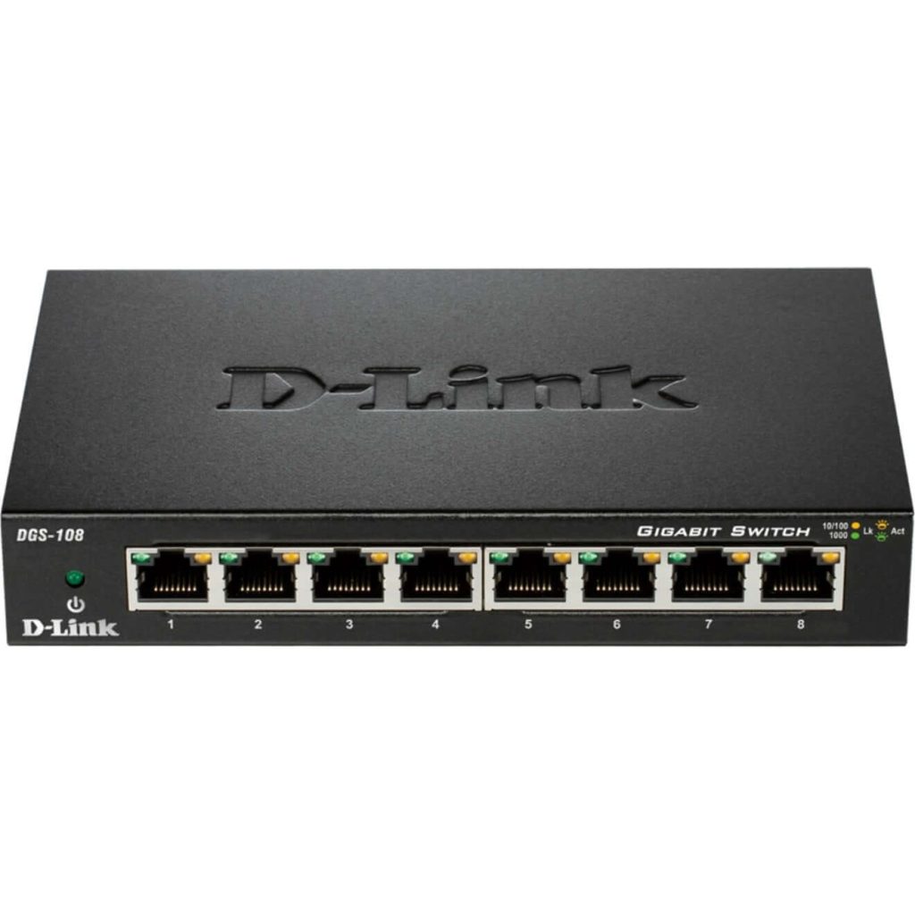 D-Link DGS-1100-08P 8-Port Smart Managed PoE Gigabit Switch with fanless metal casing, 64W power budget, and advanced VLAN support—available at Dove Computers.