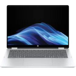 The HP OmniBook 5 Flip 14-inch in tent mode, standing upright with the screen folded backward for hands-free viewing.
