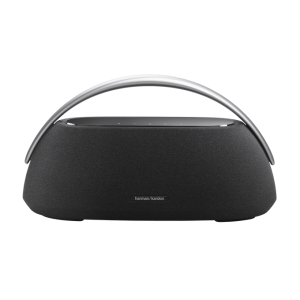 Image of Harman Kardon Go + Play 3 speaker featuring aluminum handle and woven fabric design, available at Dove Computers.