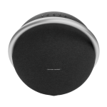 Harman Kardon Onyx Studio 8 speaker in white featuring a sleek circular design with a premium aluminum handle and fabric grille.