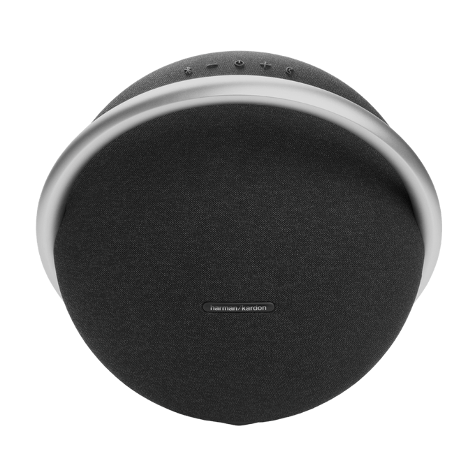 Harman Kardon Onyx Studio 8 Harman Kardon Onyx Studio 8 speaker in white featuring a sleek circular design with a premium aluminum handle and fabric grille.