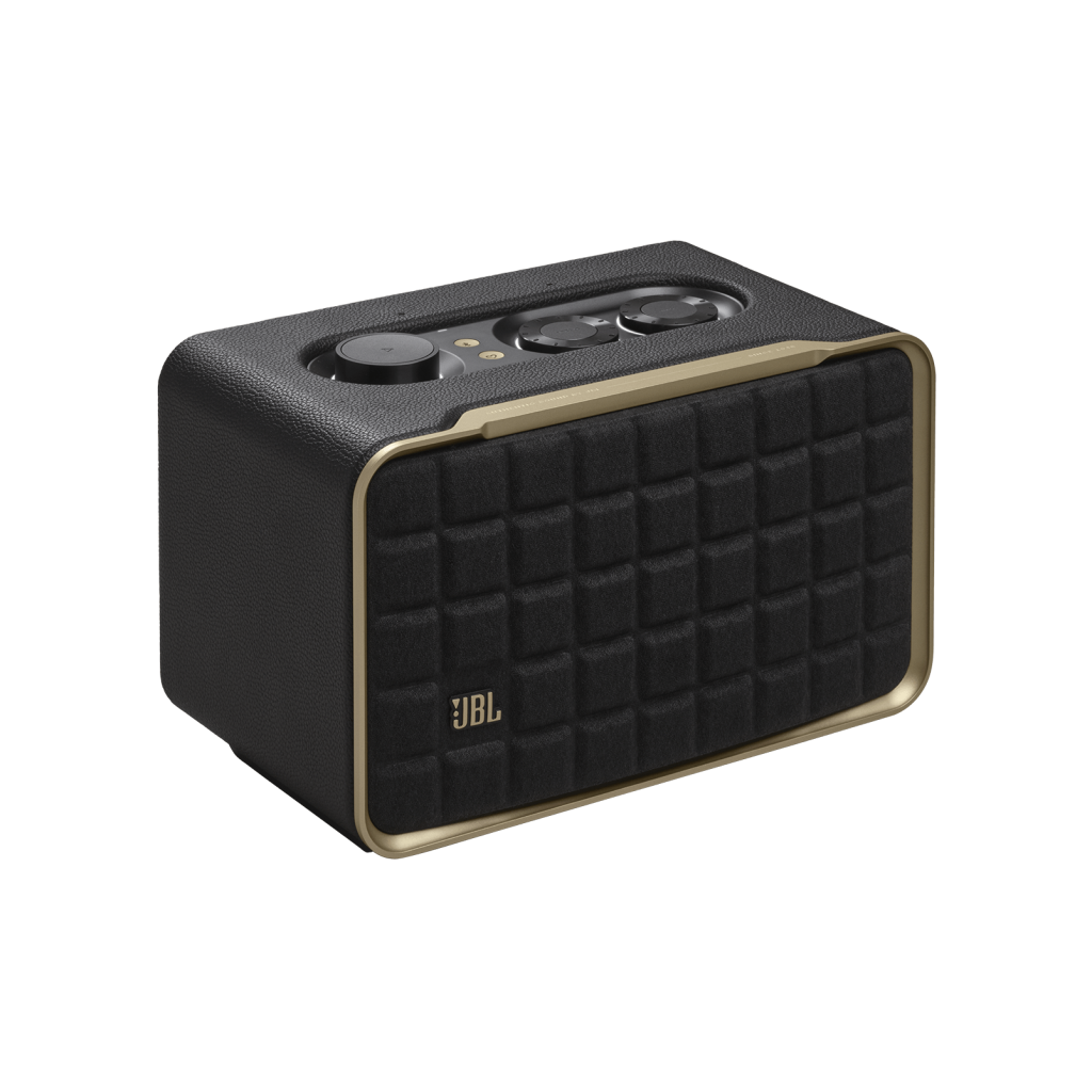 JBL Authentics 200 speaker with classic Quadrex grille, built-in Alexa and Google, 90W sound, Wi-Fi, Bluetooth, and eco-friendly materials.