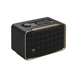 JBL Authentics 200 speaker with classic Quadrex grille, built-in Alexa and Google, 90W sound, Wi-Fi, Bluetooth, and eco-friendly materials.