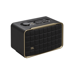 JBL Authentics 200 speaker with classic Quadrex grille, built-in Alexa and Google, 90W sound, Wi-Fi, Bluetooth, and eco-friendly materials.