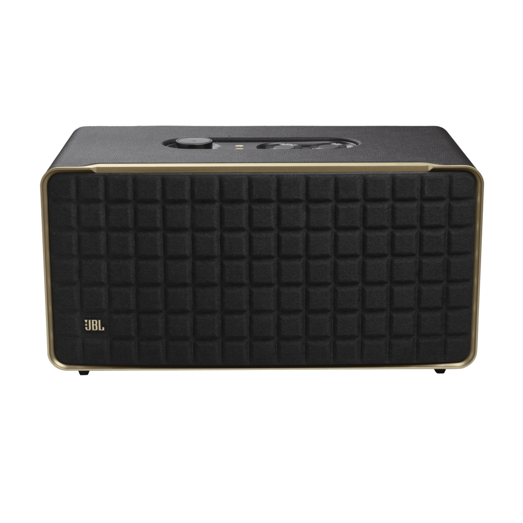 JBL Authentics 500 smart speaker with retro Quadrex grille, Dolby Atmos, dual voice assistants, and Wi-Fi streaming for premium home audio.