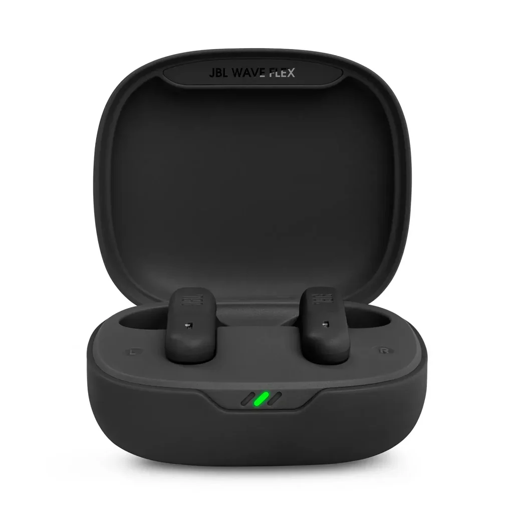 JBL Flex TWS true wireless earbuds with JBL Pure Bass Sound, adaptive noise cancelling, ergonomic winged fit, and 40-hour total battery life.