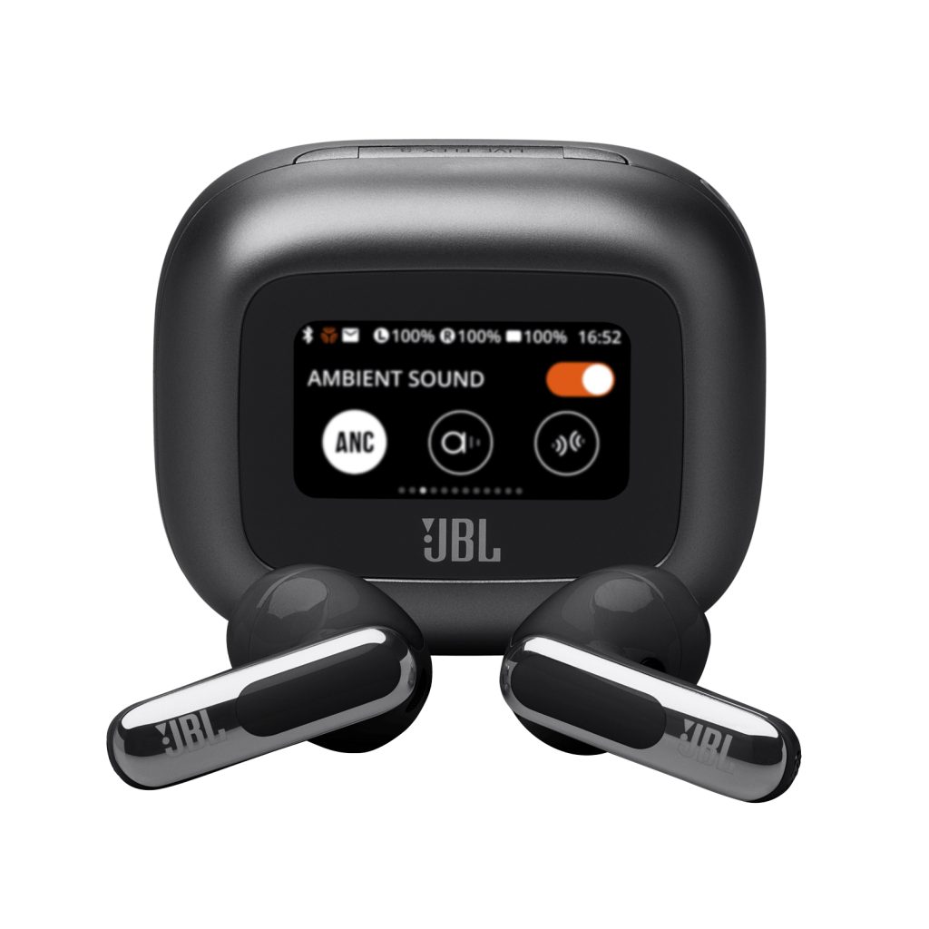 JBL Live Flex 3 true wireless earbuds in sleek black with charging case, shown open with earbuds resting—available at Dove Computers.