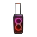 JBL PartyBox Stage 320 with LED light show, 240W output, mic/guitar input, telescopic handle, wheels, and splashproof design for large events.