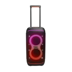 JBL PartyBox Stage 320 with LED light show, 240W output, mic/guitar input, telescopic handle, wheels, and splashproof design for large events.