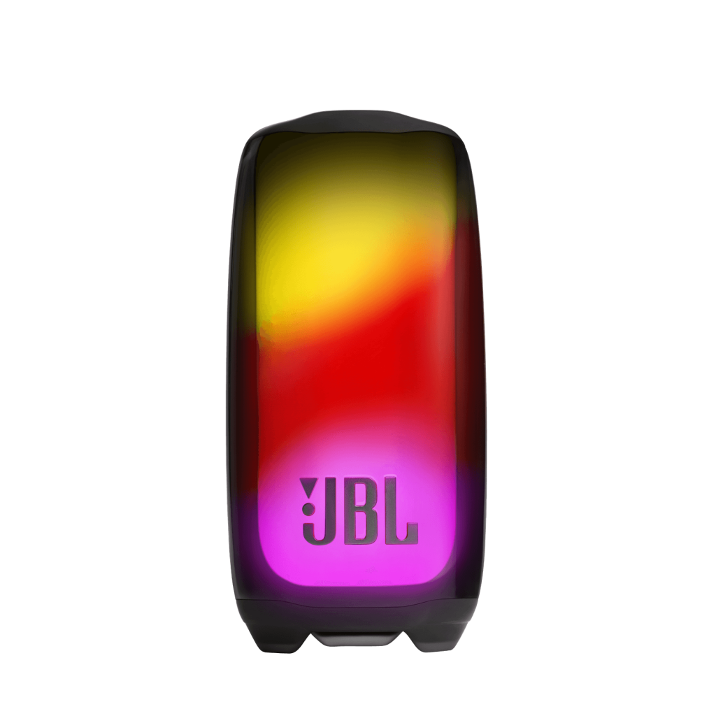 JBL Pulse 5 portable speaker showing a glowing 360° LED light show with bold sound and waterproof design, ideal for parties and night vibes.
