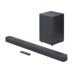 JBL Soundbar 2.1 Deep Bass MK2 with wireless subwoofer in black, featuring Dolby Digital sound, 300W output, Bluetooth, and HDMI ARC connectivity.