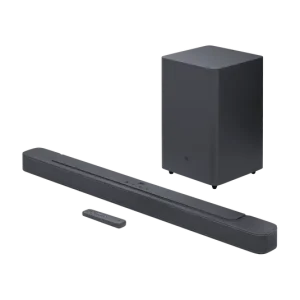 JBL Soundbar 2.1 Deep Bass MK2 with wireless subwoofer in black, featuring Dolby Digital sound, 300W output, Bluetooth, and HDMI ARC connectivity.