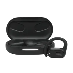 JBL Soundgear Sense open-ear wireless earbuds with soft ear loops, directional sound, sweat resistance, and charging case for active lifestyle use.