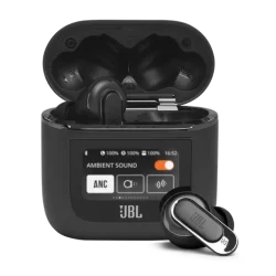 JBL Tour Pro 2 wireless earbuds with adaptive noise cancelling, touchscreen smart case, and six-mic design for premium calls and sound on the go.