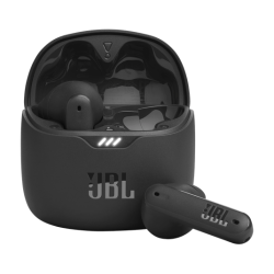 JBL Tune Flex true wireless earbuds with JBL Pure Bass, dual fit ear tips, 32-hour battery life, ANC, and water-resistant ergonomic design.