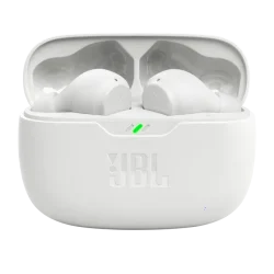 JBL Wave Beam wireless earbuds with noise-isolating in-ear fit, JBL Deep Bass Sound, 32-hour battery life, and IP54 water resistance.