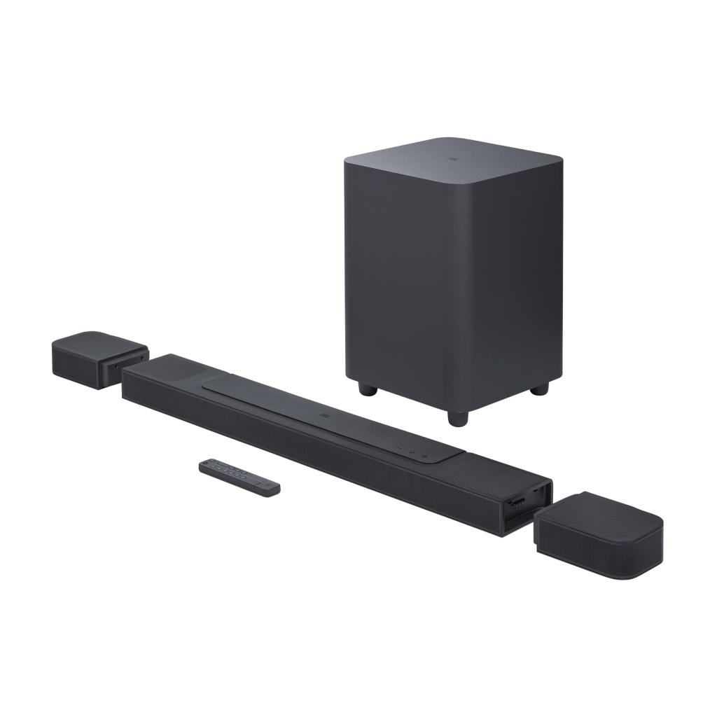 JBL Soundbar 1000 with detachable surround speakers and wireless subwoofer, featuring 880W Dolby Atmos 7.1.4 sound and smart streaming capabilities.