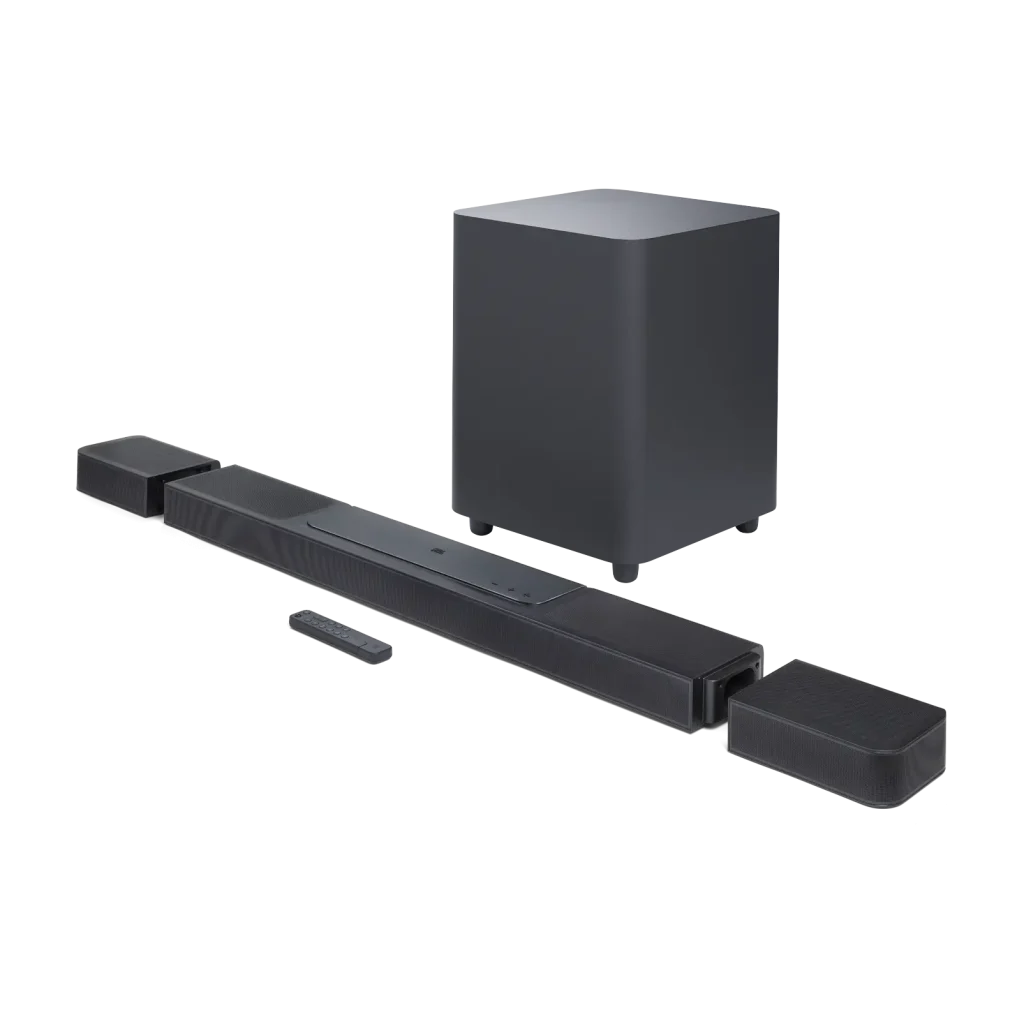 JBL Soundbar 1300 with 11.1.4 Dolby Atmos, detachable wireless rear speakers, 10-inch subwoofer, and multi-room streaming over Wi-Fi.