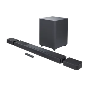 JBL Soundbar 1300 with 11.1.4 Dolby Atmos, detachable wireless rear speakers, 10-inch subwoofer, and multi-room streaming over Wi-Fi.