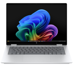 The HP OmniBook Ultra Flip 14 convertible 2-in-1 laptop, featuring a sleek aluminum chassis in Eclipse Gray, angled with its OLED touchscreen half-tilted on a wooden desk