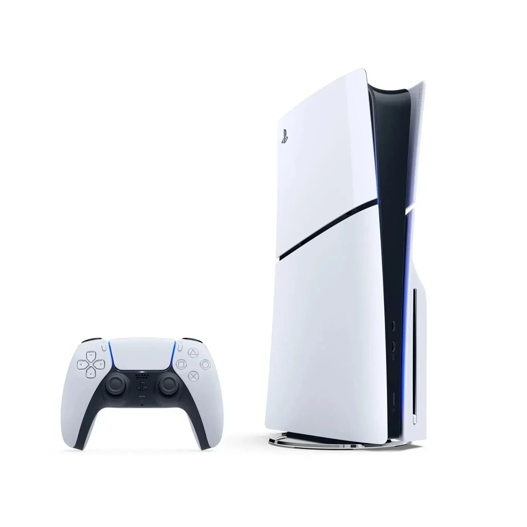 PS5 Slim 1TB gaming console in white, featuring compact design, 4K graphics, Dual Sense controller, and lightning-fast load times.