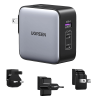 UGREEN CD296 GaN fast charger with 3 ports and interchangeable UK/US/EU plugs, shown in compact black design on white background.