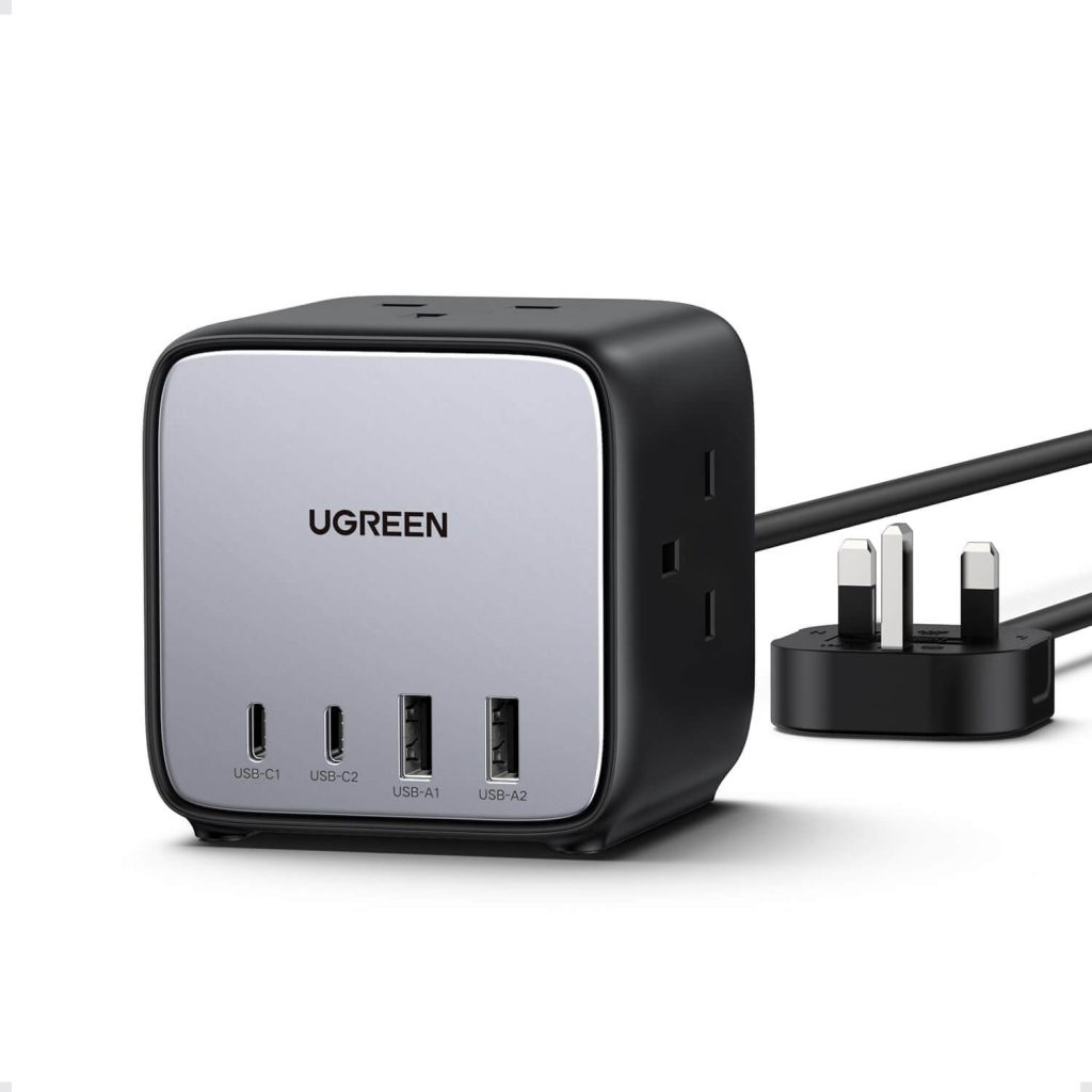 UGREEN DigiNest Cube Power Strip 65W – Compact 3-AC outlet and 4-USB fast charging power cube in black with 1.8m UK plug cable, available at Dove Computers.