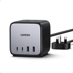 UGREEN DigiNest Cube Power Strip 65W – Compact 3-AC outlet and 4-USB fast charging power cube in black with 1.8m UK plug cable, available at Dove Computers.