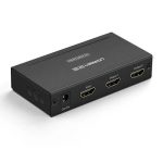 UGREEN HDMI Splitter 1 In 2 Out – 40201UK showing dual HDMI output ports in a compact black ABS casing with integrated HDMI input cable.