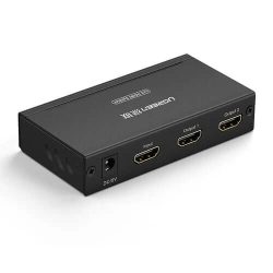 UGREEN HDMI Splitter 1 In 2 Out – 40201UK showing dual HDMI output ports in a compact black ABS casing with integrated HDMI input cable.