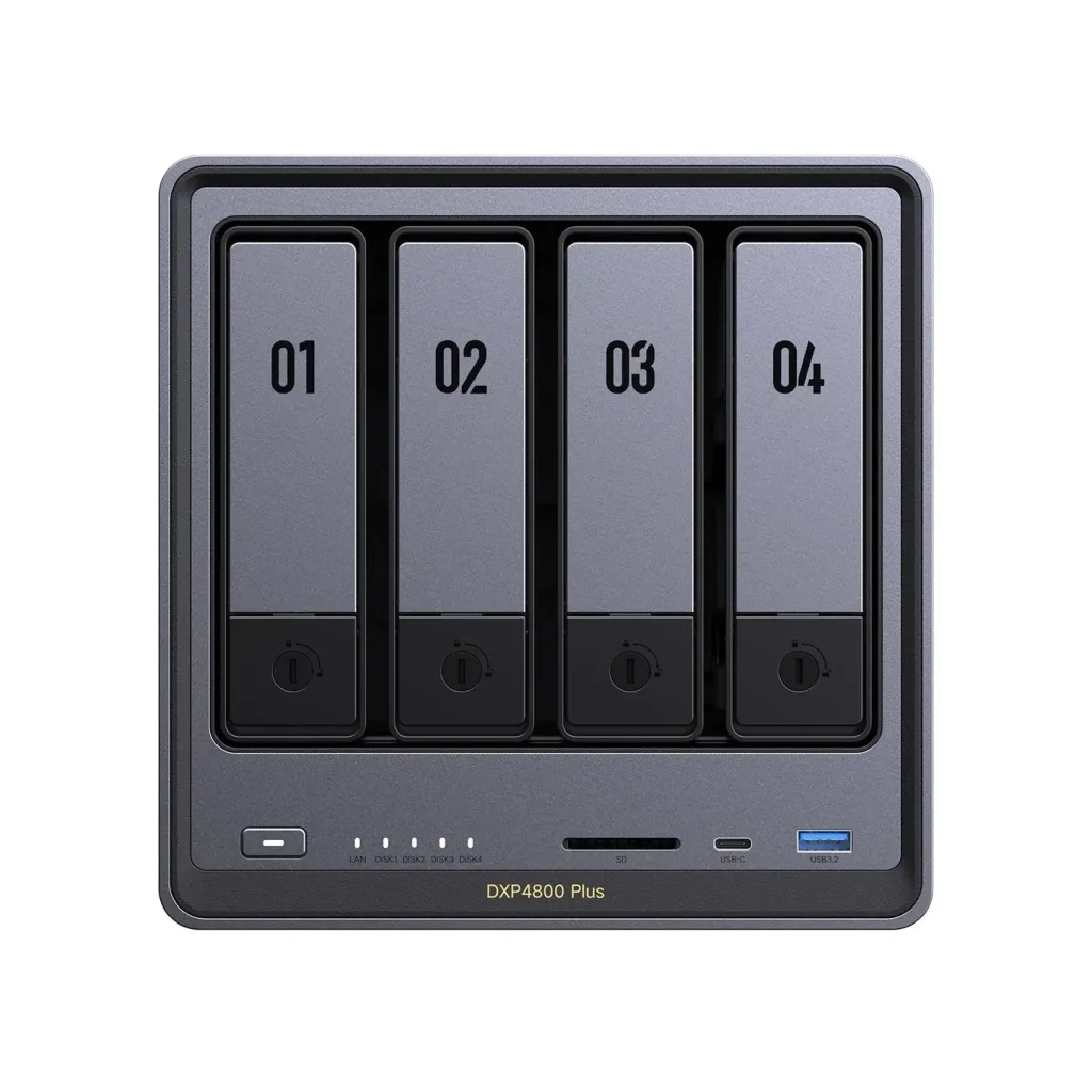 UGREEN NASync DXP4800 Plus 4‑bay NAS with front USB‑C, SD slot, and Intel Pentium CPU—available at Dove Computers.