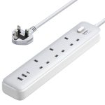 UGREEN Surge Protector Power Strip (6 AC Outlets + 65W USB, UK Plug) in white with 2m cable, ideal for efficient and safe charging at home or office.