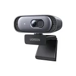 UGREEN USB 2K Webcam CM778 with built-in dual mics and 2K resolution, mounted on laptop screen for professional streaming.
