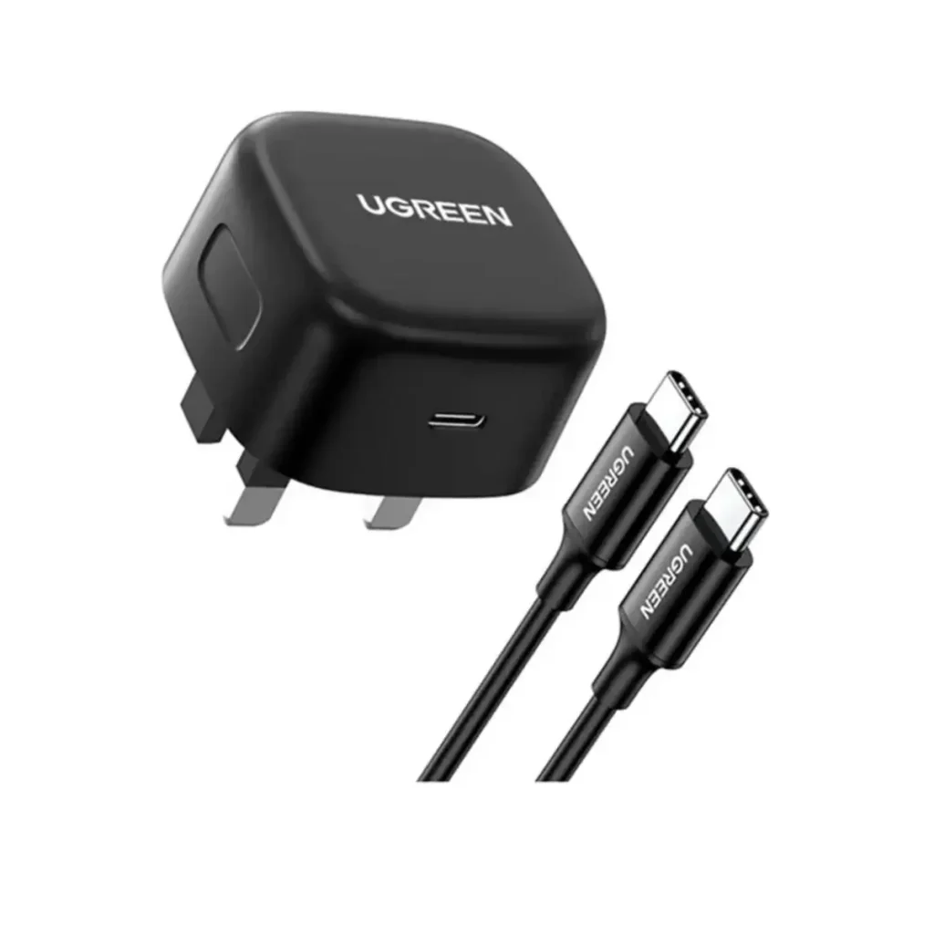 UGREEN 25W USB-C PD Charger CD250 with 2-meter USB-C to USB-C cable, compact UK plug design in black for fast universal charging.