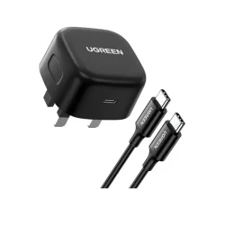UGREEN 25W USB-C PD Charger CD250 with 2-meter USB-C to USB-C cable, compact UK plug design in black for fast universal charging.