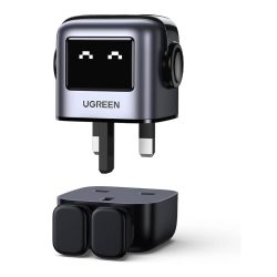 UGREEN Uno Robot 65W GaN Fast Charger with 3 ports (2 USB-C, 1 USB-A) in grey, compact design for high-speed, multi-device charging – CD361.