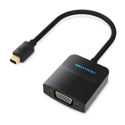 VENTION Mini DisplayPort to VGA Converter – Compact black adapter with Mini DP male and VGA female ports.