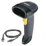 Zebra Symbol LS2208 1D handheld laser barcode scanner with ergonomic grip and hands-free stand, available at Dove Computers.